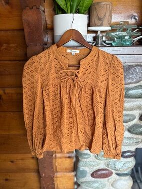 Madewell Floral Eyelet Lace-Up Peasant Blouse Terracotta XXS Boho Cottagecore